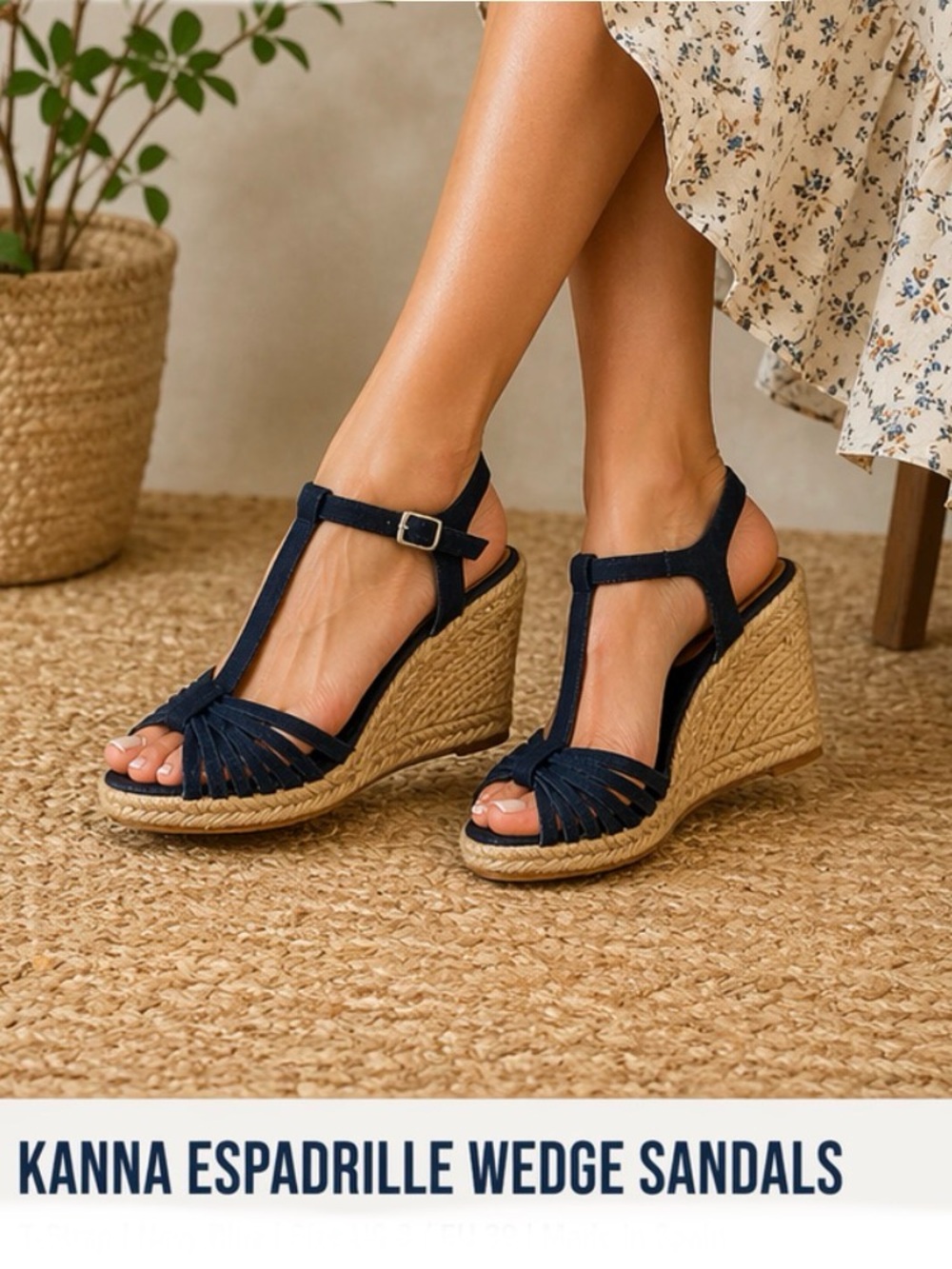 Kanna Navy Espadrille Wedge Sandals T-Strap Size 37 Made in Spain